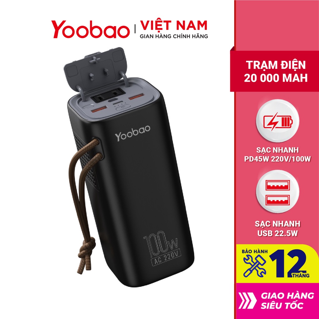 Trạm sạc dự phòng Yoobao EN100 dung lượng 20000mAh Tích hợp đèn pin 20000mah PD45W 220V/100W - Hàng chính hãng