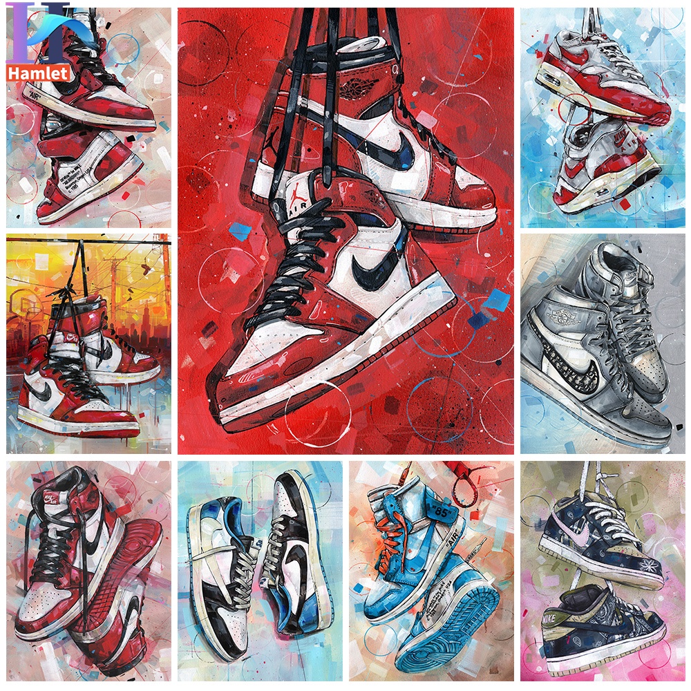 Bộ tranh sơn dầu Hamlet tô màu theo số hình giày thời trang AJ trang trí nghệ thuật cho nhà cửa cỡ 40x50cm