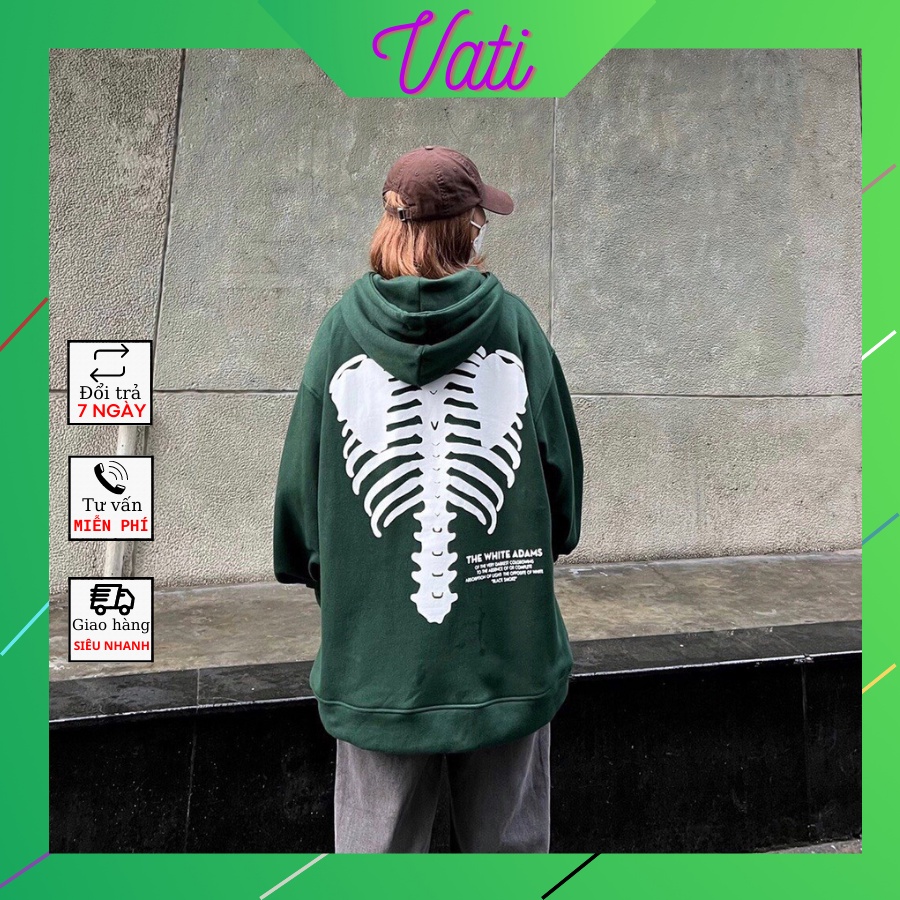 Áo Hoodie Xanh Lá In Hình Xương Form Rộng Nữ Meeny - Khoác Nỉ Ngoại Mũ 2 Lớp Chất Mịn Tay Bồng Unisex Phong Cách Ullzang