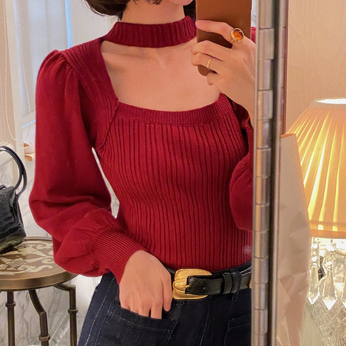 SUXI Áo dài tay khoét ngực cổ vuông thiết kế mới thời trang phong cách Hàn quốc cho nữ