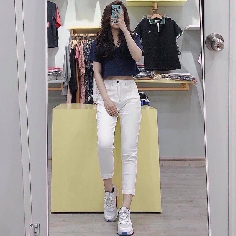 Quần jean baggy trắng đen 9 tấc co giãn