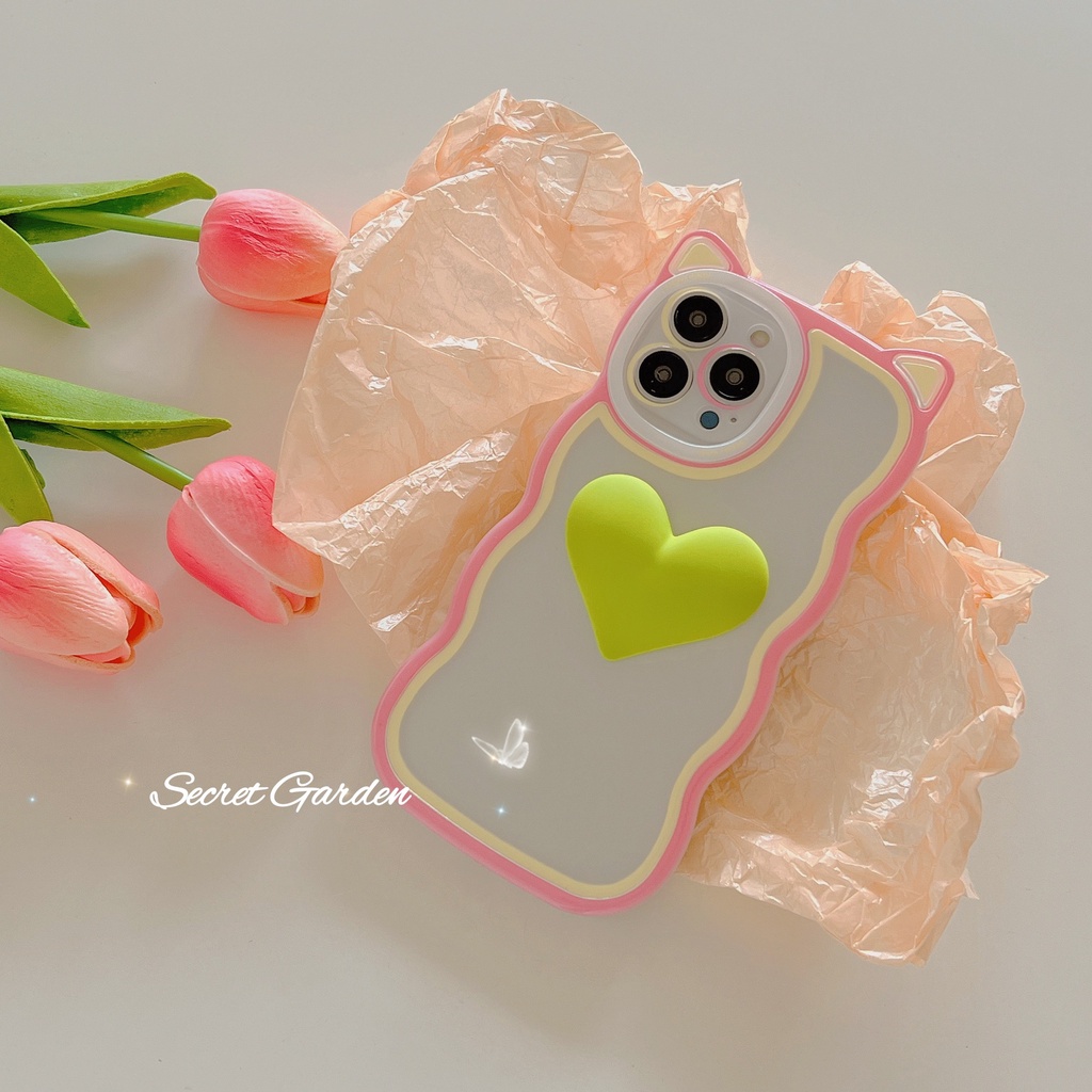 Ốp lưng iphone tai mèo gợn sóng  kèm tim 7plus x xsmax 11 11promax 12promax 13 13promax- Dino case DT21