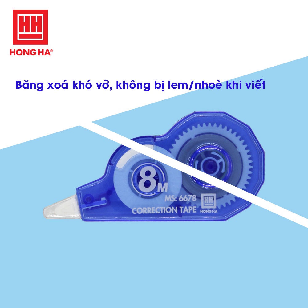 Bút xoá băng Hồng Hà 5mm x 8m - 6678 có vỏ làm từ nhựa PS không độc hại, dễ tái chế.