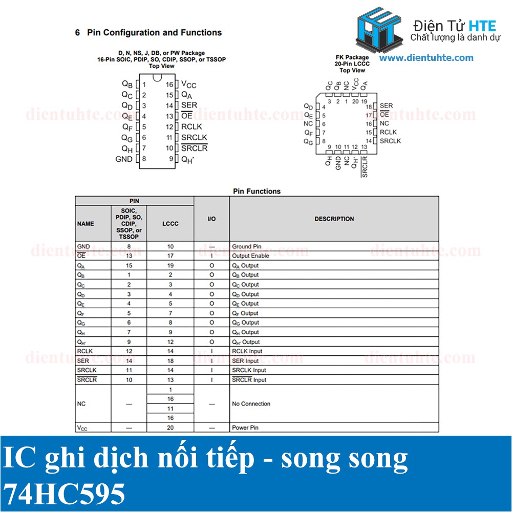 Bộ 4 IC ghi dịch 74HC595 SOP16 DIP16 [HTE Quy Nhơn CN2]