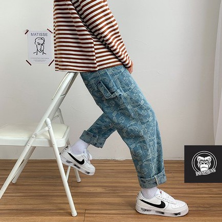 Quần jean nam nữ ống rộng xanh hoa văn - quần jean ống suông baggy nam đẹp 2021 | BigBuy360 - bigbuy360.vn