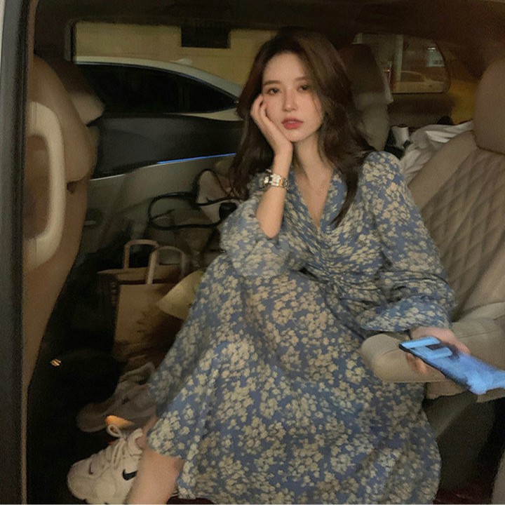 Đầm Voan Dài Tay Cổ Chữ V In Hoa Phong Cách Hàn Quốc Thời Trang | BigBuy360 - bigbuy360.vn