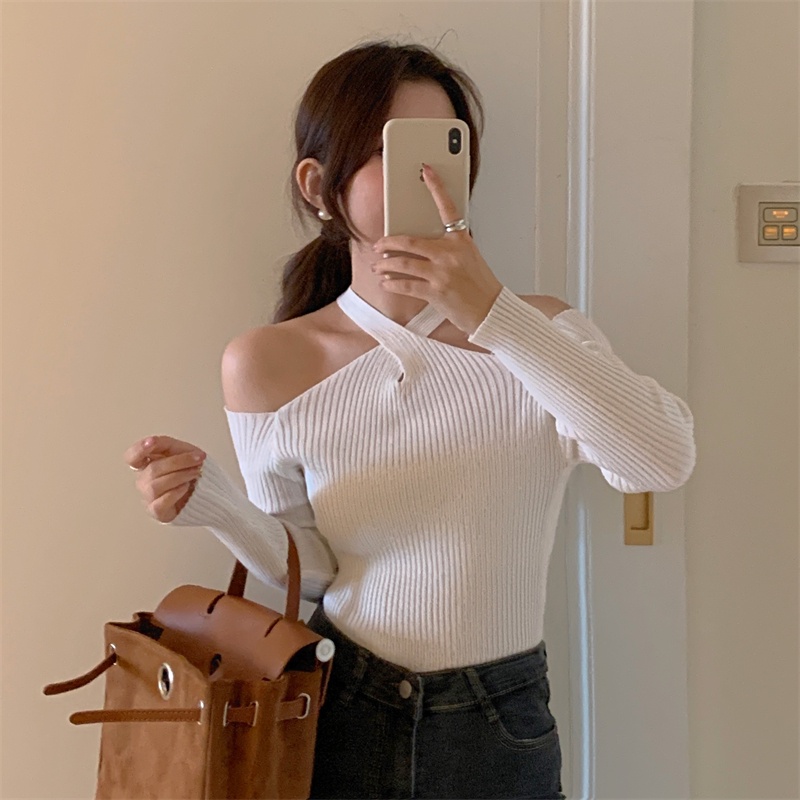 SUXI Áo Dệt Kim Trễ Vai Tay Dài Màu Sắc Thanh Lịch