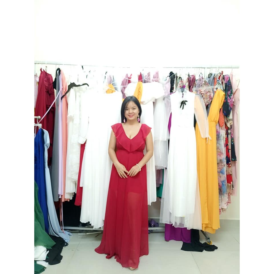 Đầm maxi đỏ cổ bèo