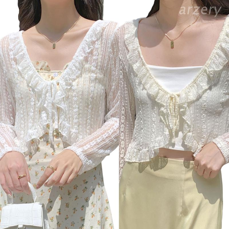 Arz. Áo Khoác Cardigan Tay Dài Phối Ren Lưới Thắt Nơ Phía Trước Họa Tiết Kẻ Sọc Dành Cho Bạn Nữ Mặc Đi Biển