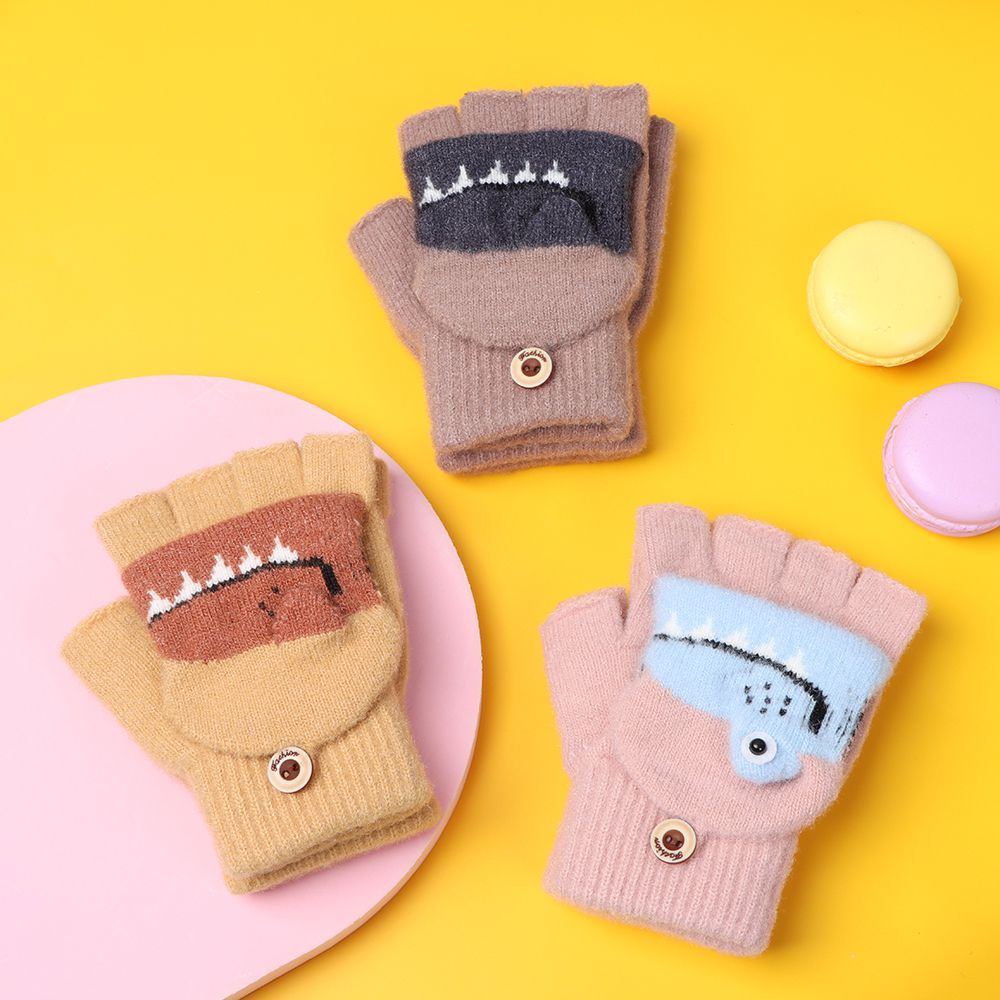 Đôi găng tay dệt kim hở ngón họa tiết khủng long dễ thương cho bé 5-12 tuổi