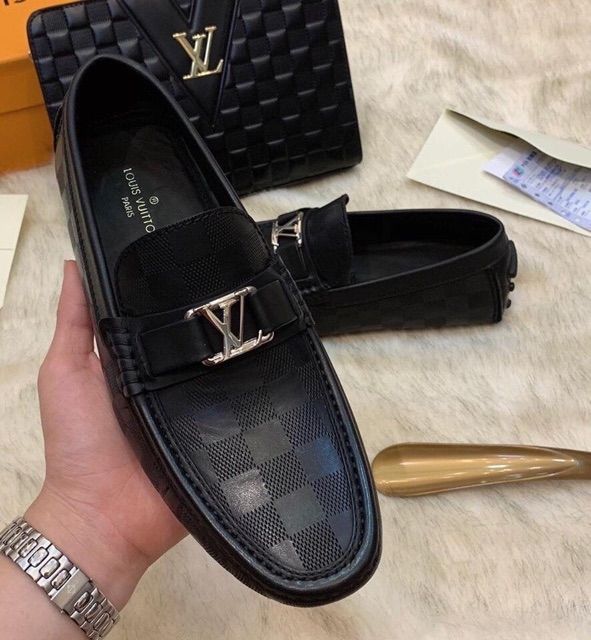Giày lười da nam kẻ ô đen LVV mới