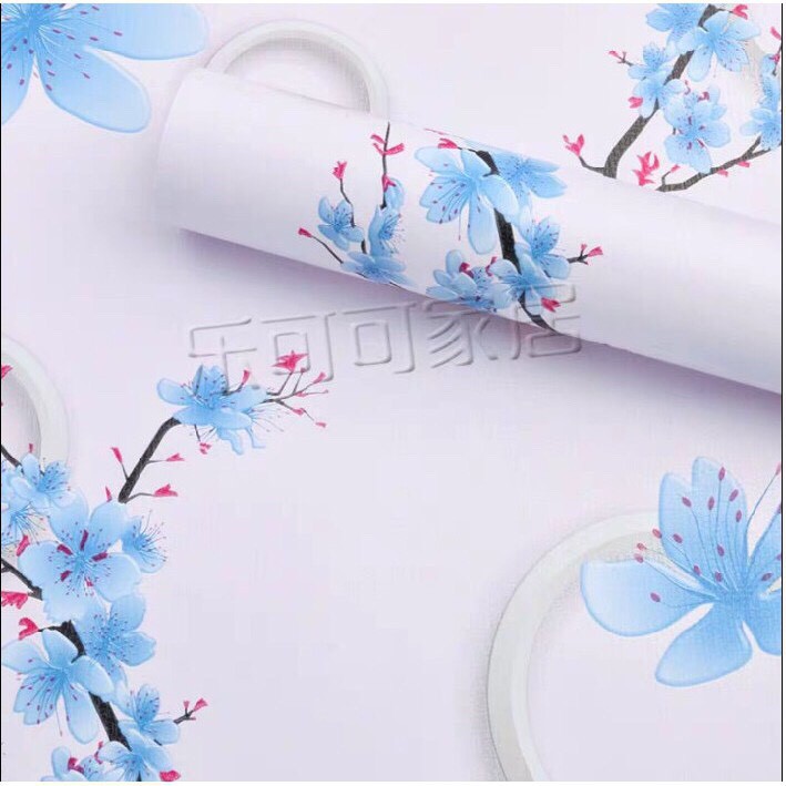 DECAL 1m Giấy dán tường khổ rộng 45cm ( có sẵn keo ) - HOA ĐÀO XANH NỀN TRẮNG ELL243