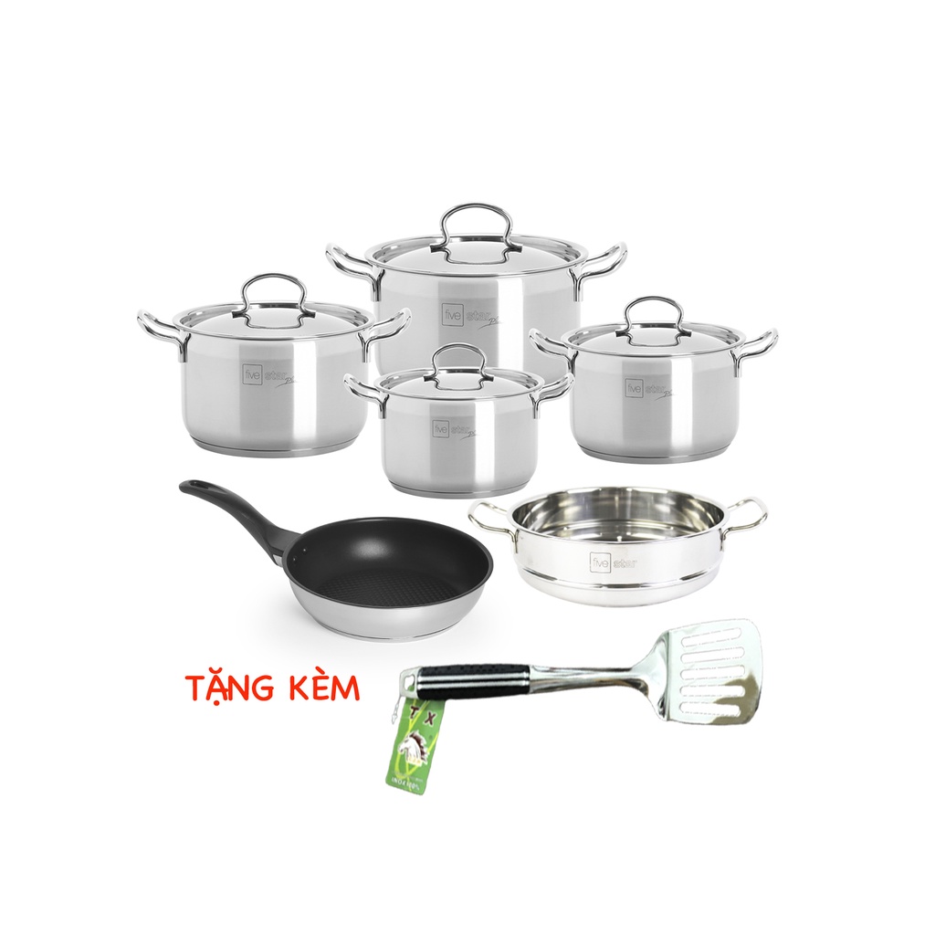 Bộ nồi chảo cao cấp Fivestar 6 chiếc nắp inox , 3 đáy dùng được bếp từ gas , hồng ngoại , bếp từ , tặng 1 sạn inox