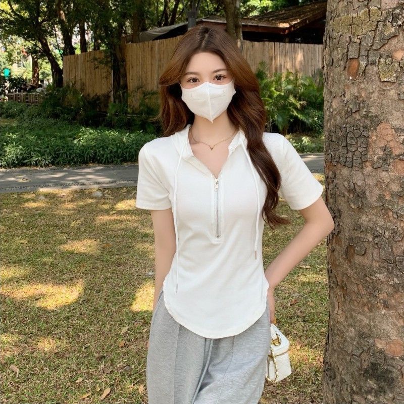 Áo Hoodie Tay Ngắn Màu Trơn Thời Trang 178569 Áo Thun Tay Ngắn Dáng Ôm Dễ Phối Đồ Hợp Thời Trang