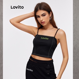 Lovito Chữ thường in Spaghetti Dây đeo Cami Tops L20E067 (Đen)