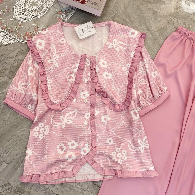 Set đồ ngủ lụa xước tiểu thư thiết kế QC siêu sang xịn