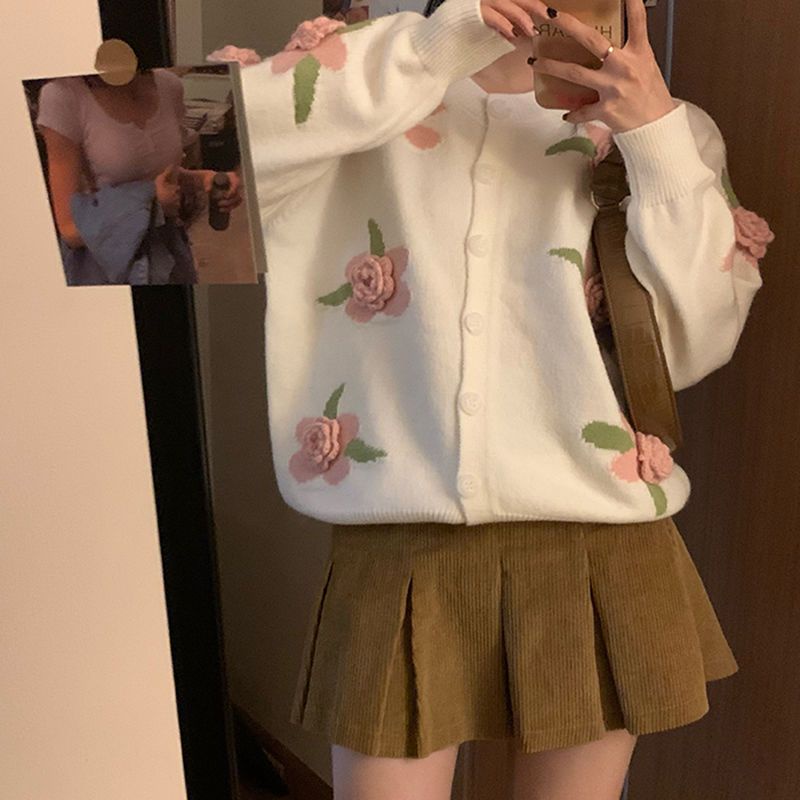Áo Khoác Cardigan Dệt Kim Họa Tiết Hoa Màu Sắc Tương Phản Cho Nữ  tao bao