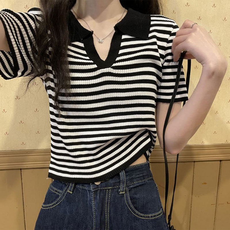 Áo Croptop Dệt Kim Tay Ngắn Cổ Chữ V Họa Tiết Kẻ Sọc Màu Sắc Tương Phản Thời Trang Mùa Hè Cho Nữ
