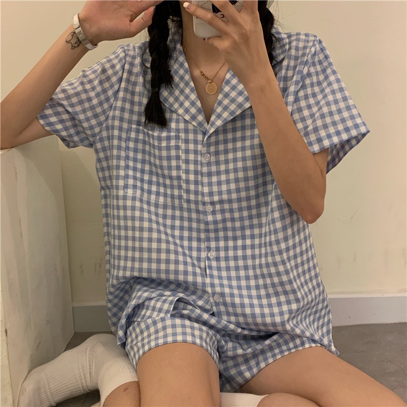 [CÓ SẴN] Đồ ngủ pijama kẻ caro xanh Hàn Quốc cộc tay quần đùi ullzang
