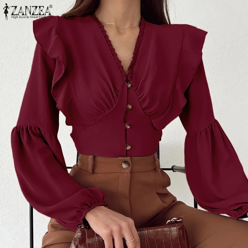 Zanzea Áo Nữ Tay Dài Phồng Cổ Chữ V Thời Trang Châu Âu