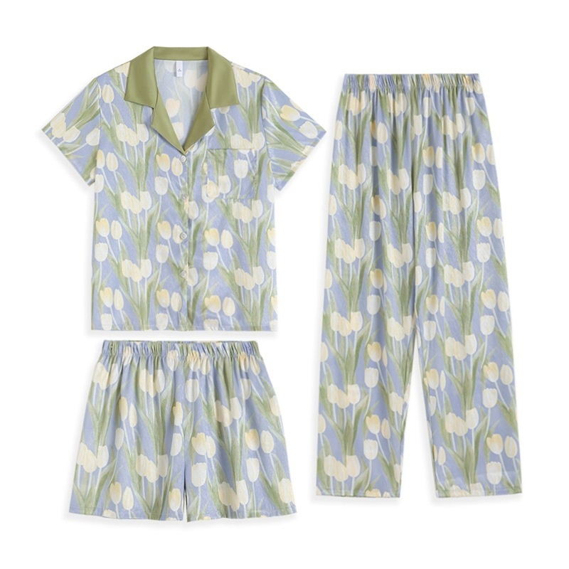 Bộ Đồ Ngủ 3 Món Tay Ngắn Bằng Lụa Họa Tiết Hoa Xinh Xắn Cho Nữ