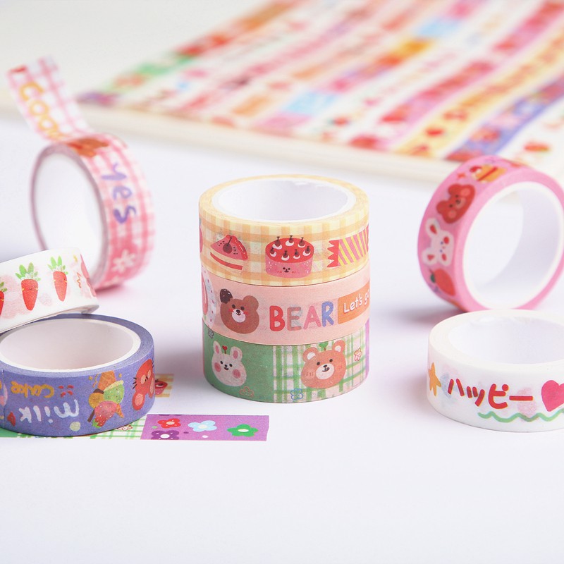 Washi tape cute chủ đề Bear Fruit nhiều màu sắc kèm hoạ tiết dễ thương dài 3m siêu tiết kiệm BmBooks