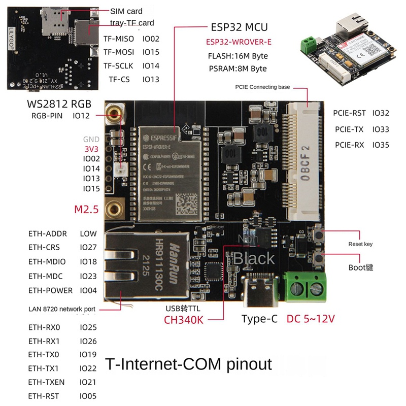 Bảng Mạch Wifi Bluetooth T-Internet-COM ESP32 Dành Cho T-PCIE Ethernet IOT ule Với Khe Cắm Thẻ SIM TF Type-C