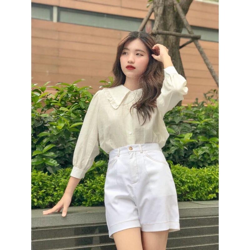 Áo sơ mi nữ cổ bèo Vintage Tay bo + Quần shorts Kaki Jean Nữ Chỉ nổi Lưng cao