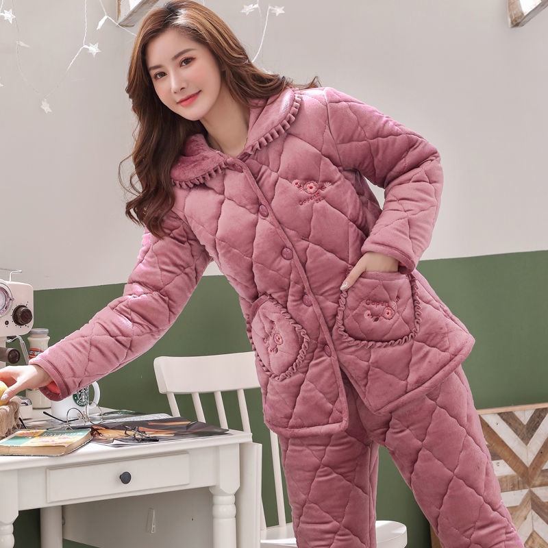 Đồ ngủ nữ mùa đông bà mẹ trung niên và cao tuổi dày dặn áo khoác chần bông ấm áp dịch vụ tại nhà