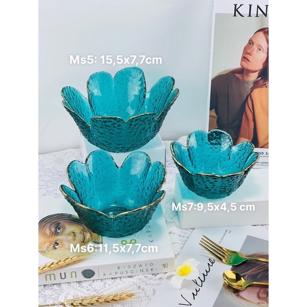 Bộ bát đĩa,chén dĩa ăn cơm,Bộ đồ ăn Thủy tinh viền vàng Màu xanh decor cao cấp