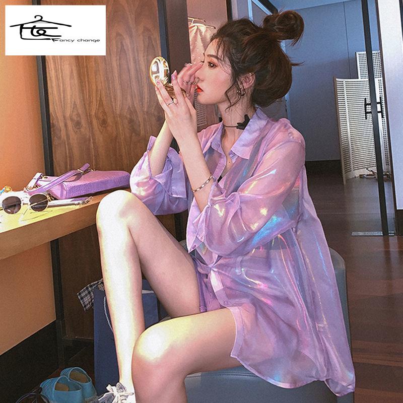 Hàng Có Sẵn Bán Chạy~Áo Sơ Mi Dài Tay Dáng Rộng Chống Nắng Mùa Hè Màu Tím Nhạt Kiểu Dáng Đẹp Cho Nữ