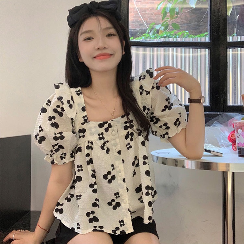 Áo kiểu IELGY cổ vuông tay ngắn phối bèo in họa tiết hoa thời trang Pháp cho nữ