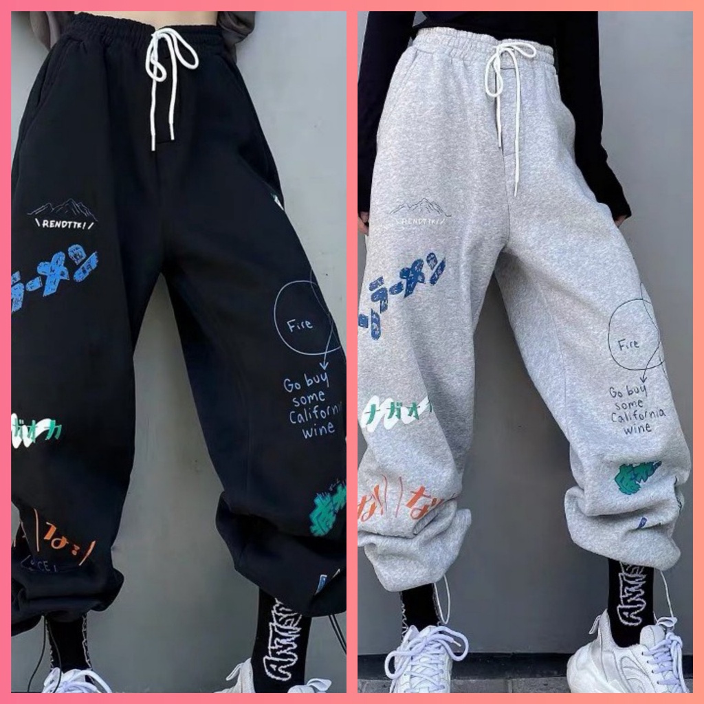 Quần nỉ hình RUBY HOUSE86 Quần thu đông ống rộng lót nỉ, chốt ống, in sắc nét, 2 màu Đen Xám hot hit