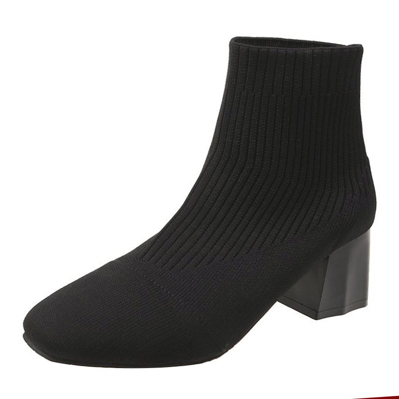 Giày Bốt Martin Dệt Kim Cao Gót Mũi Vuông Ngắn Gót Dày Co Giãn Thời Trang Mới Cho Nữ 2022