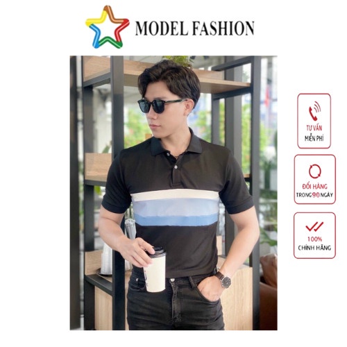 Áo thun polo HOKO nam cao cấp tay ngắn ĐEN PHỐI SỌC NGANG trẻ trung lịch lãm chất cotton thoáng mát Model Fashion