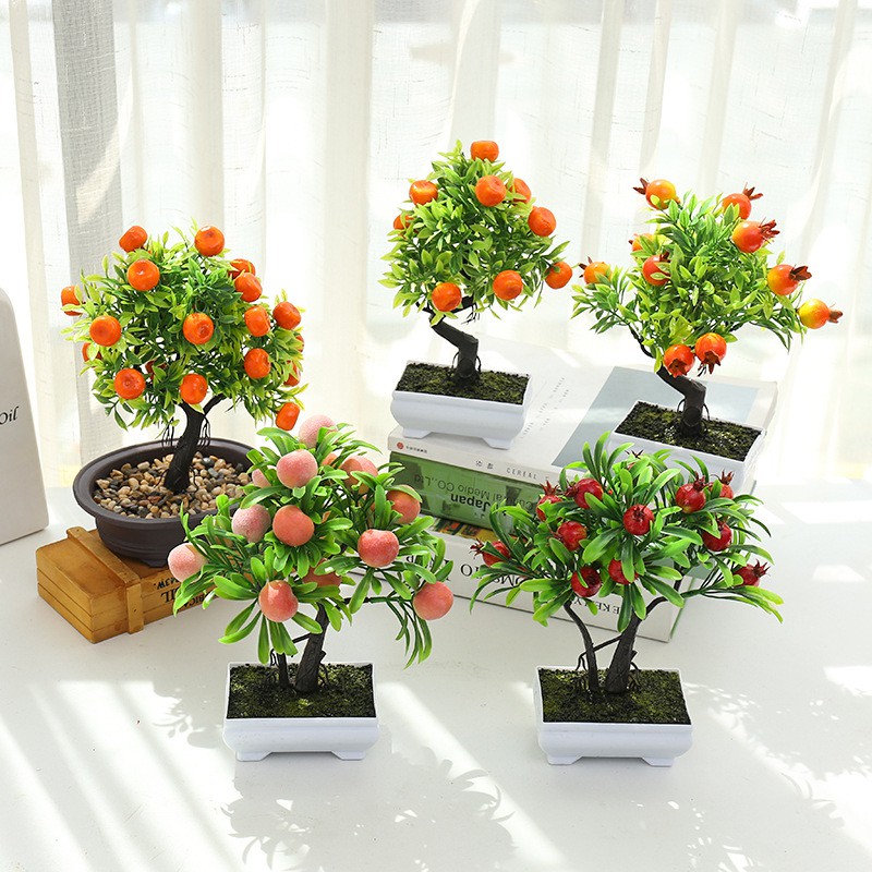 (Kèm chậu) Cây bonsai quýt, quất, lựu, ớt, nấm, dâu tây, cherry - Hoa giả trang trí, đề bàn