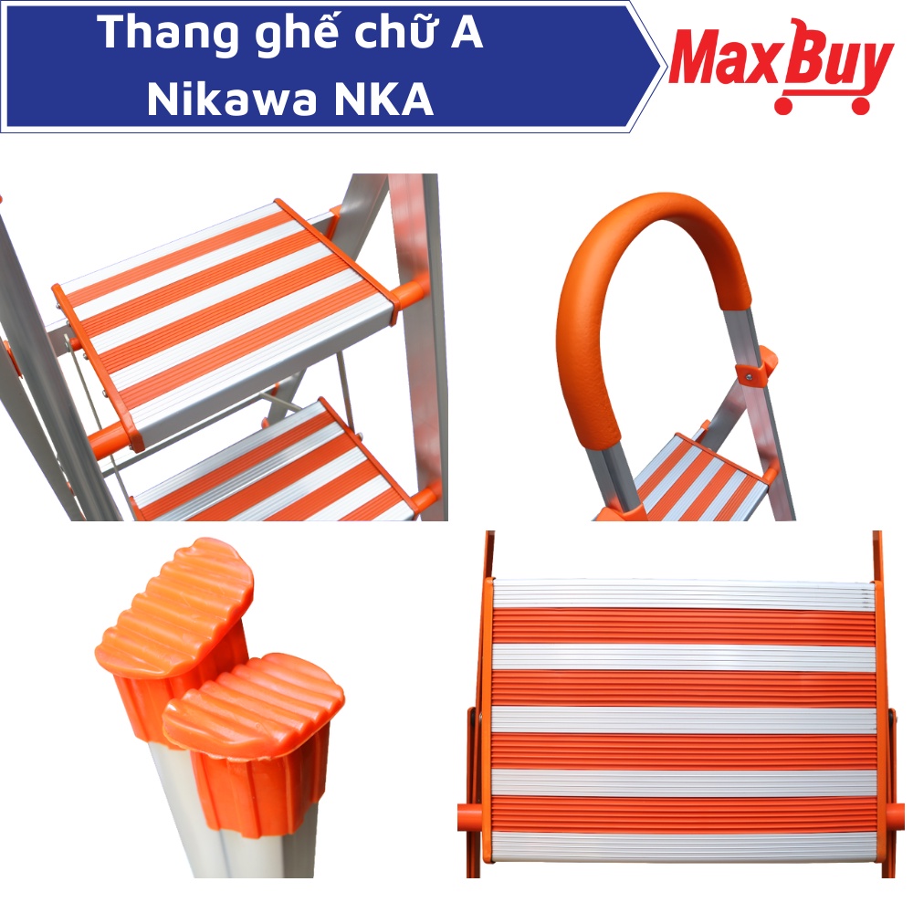 Thang nhôm ghế 3, 4 bậc chữ a có tay vịn gấp gọn Nikawa nhập khẩu Nhật Bản, bảo hành 18 tháng