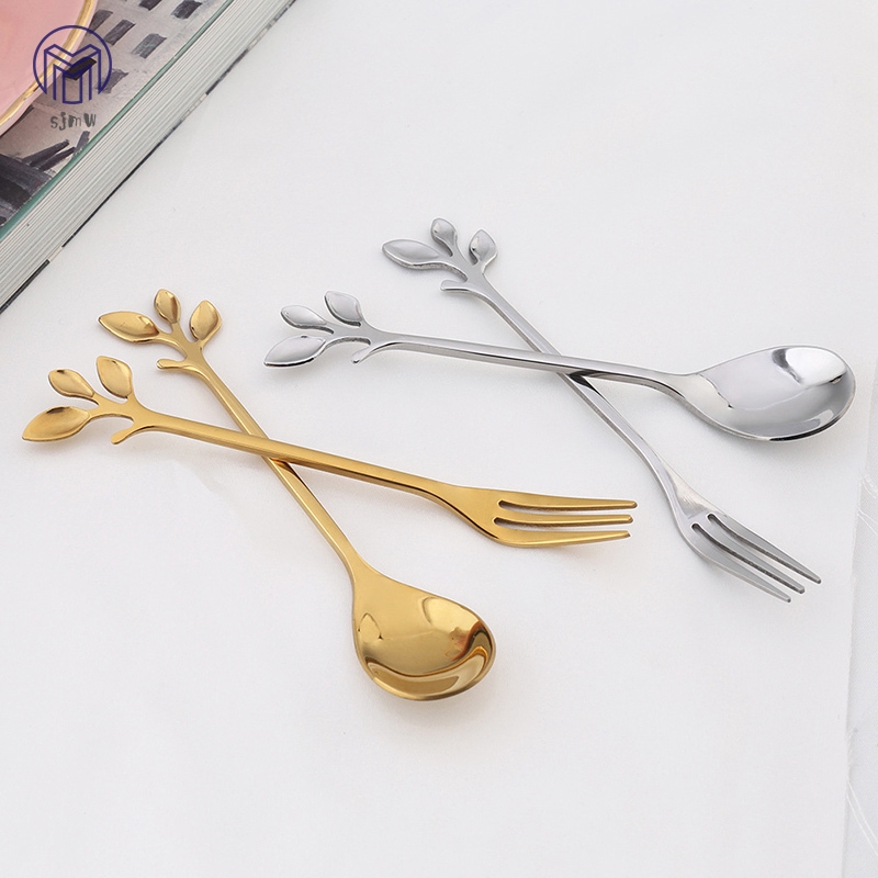 ☆SJMW☆ 1 Pcs Stainless Steel Leaves Spoon Fork Coffee Tea Spoons Ice Cream Dessert Cake