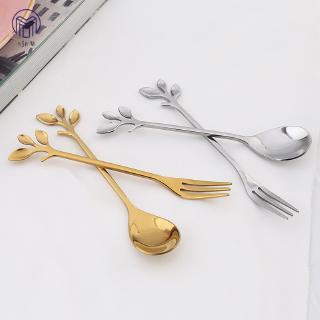☆SJMW☆ 1 Pcs Stainless Steel Leaves Spoon Fork Coffee Tea Spoons Ice Cream Dessert Cake