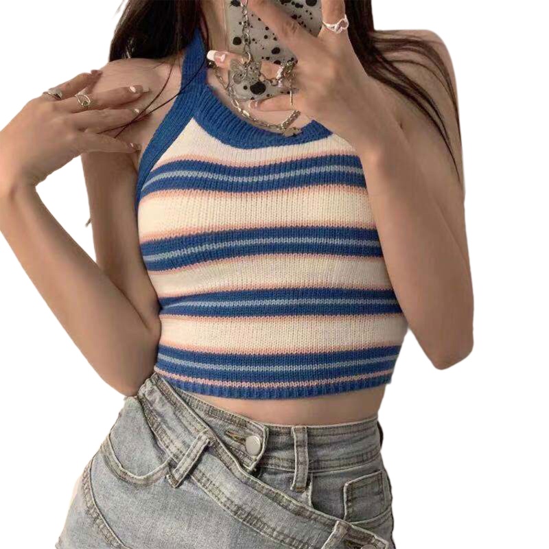 Áo Croptop Đan Len Hai Dây Hở Lưng Màu Tương Phản Thời Trang Mùa Hè Quyến Rũ Cho Nữ