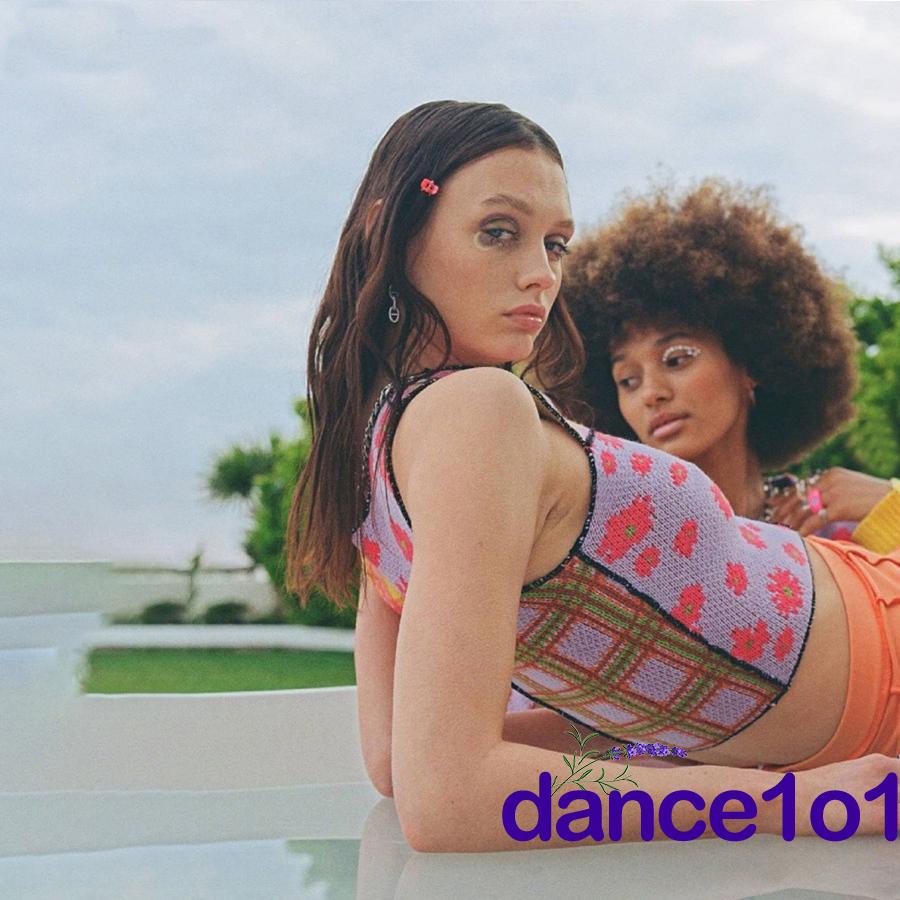 Áo dệt kim cổ tròn hở rốn màu sắc tương phản in họa tiết hoa thời trang cho nữ