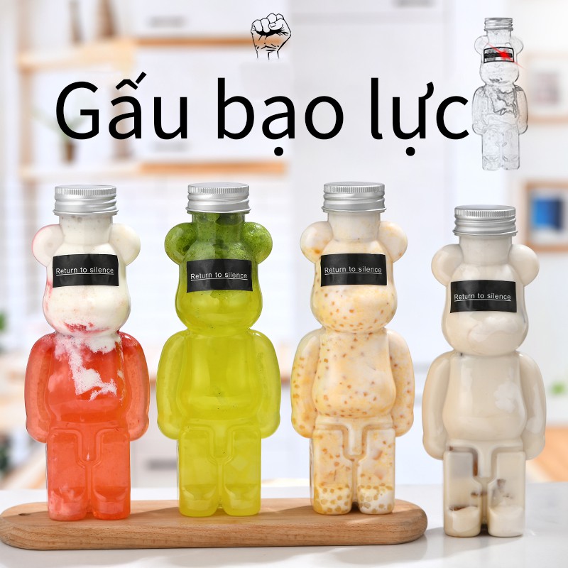 [Mã 11LSSALE giảm 100% đơn 50k] - Sỉ - Gấu bạo lực Chai Nhựa Đựng Trà Sữa/Chai 330ml 500ml 700ml - có nắp đậy bằng nhôm-