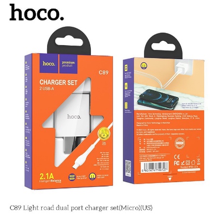 Bộ sạc Hoco C89 dòng 2.1A / 2 cổng ra đầu Micro dây cáp dài 1m – Chính hãng