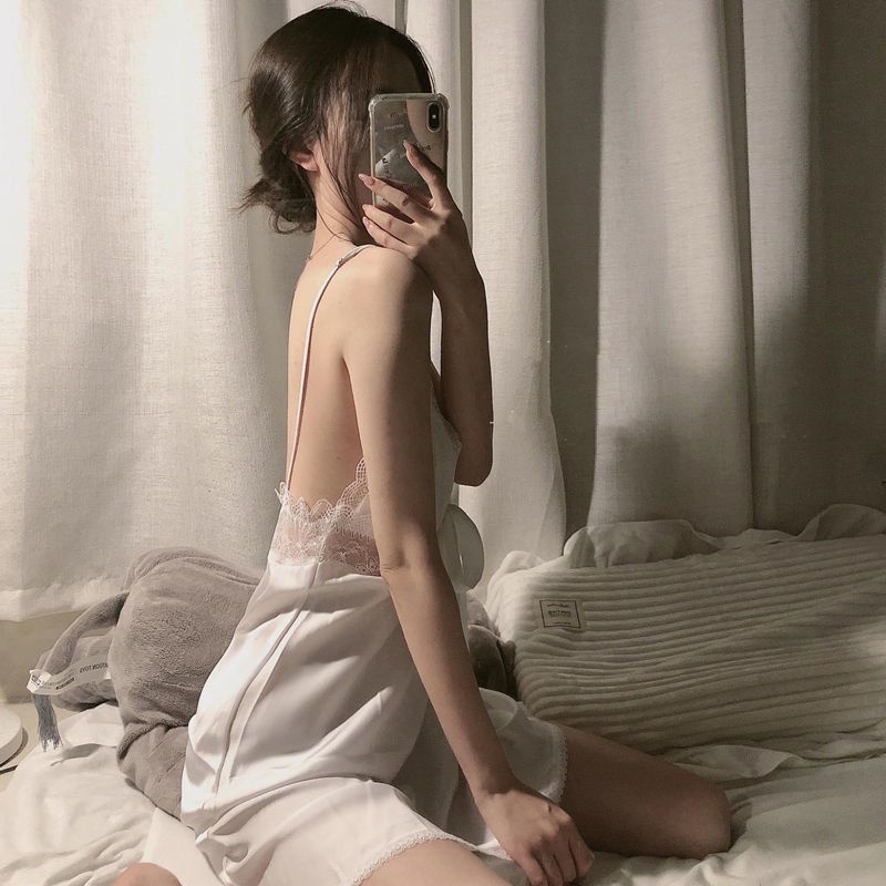 Đầm ngủ hai dây cổ chữ v phi lụa phối ren thoáng khí thời trang mùa hè quyến rũ cho nữ