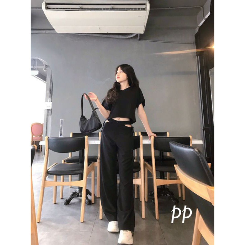 Quần ống rộng đen khoét eo | BigBuy360 - bigbuy360.vn