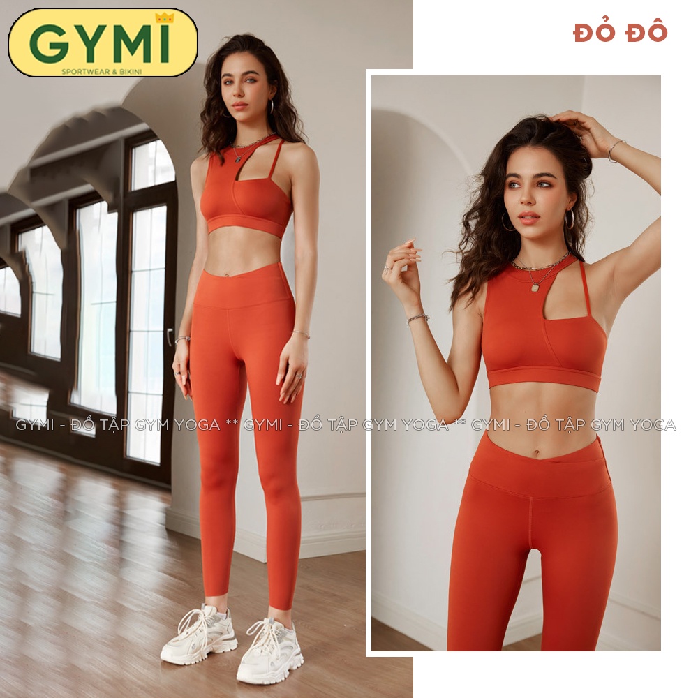 Set bộ đồ tập gym yoga nữ GYMI SET32 gồm áo bra chéo vai và quần legging dài thể thao chất poly sịn mát co giãn