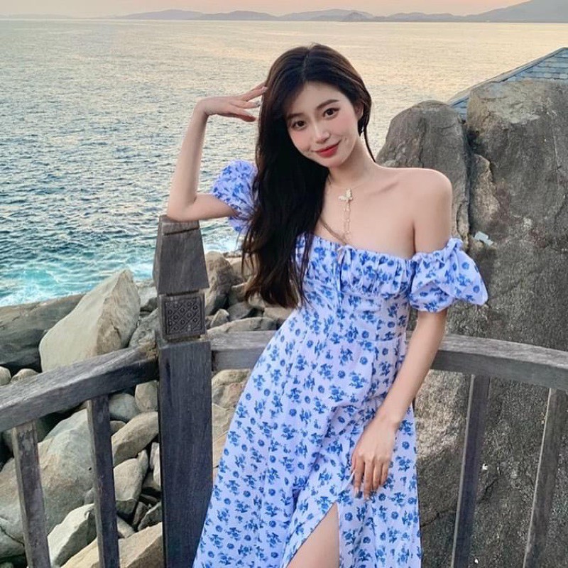 Đầm maxi xẻ hoa xanh dài đi biển | BigBuy360 - bigbuy360.vn