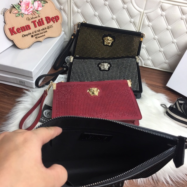 Túi cầm tay clutch đá nhiều màu có hộp kèm dây đeo chéo
