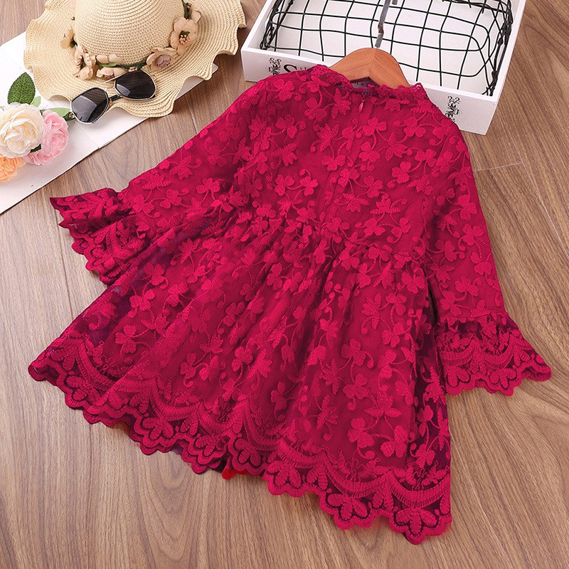 Váy đầm ren đỏ thêu bướm cho bé - váy dài tay thu đông bé gái