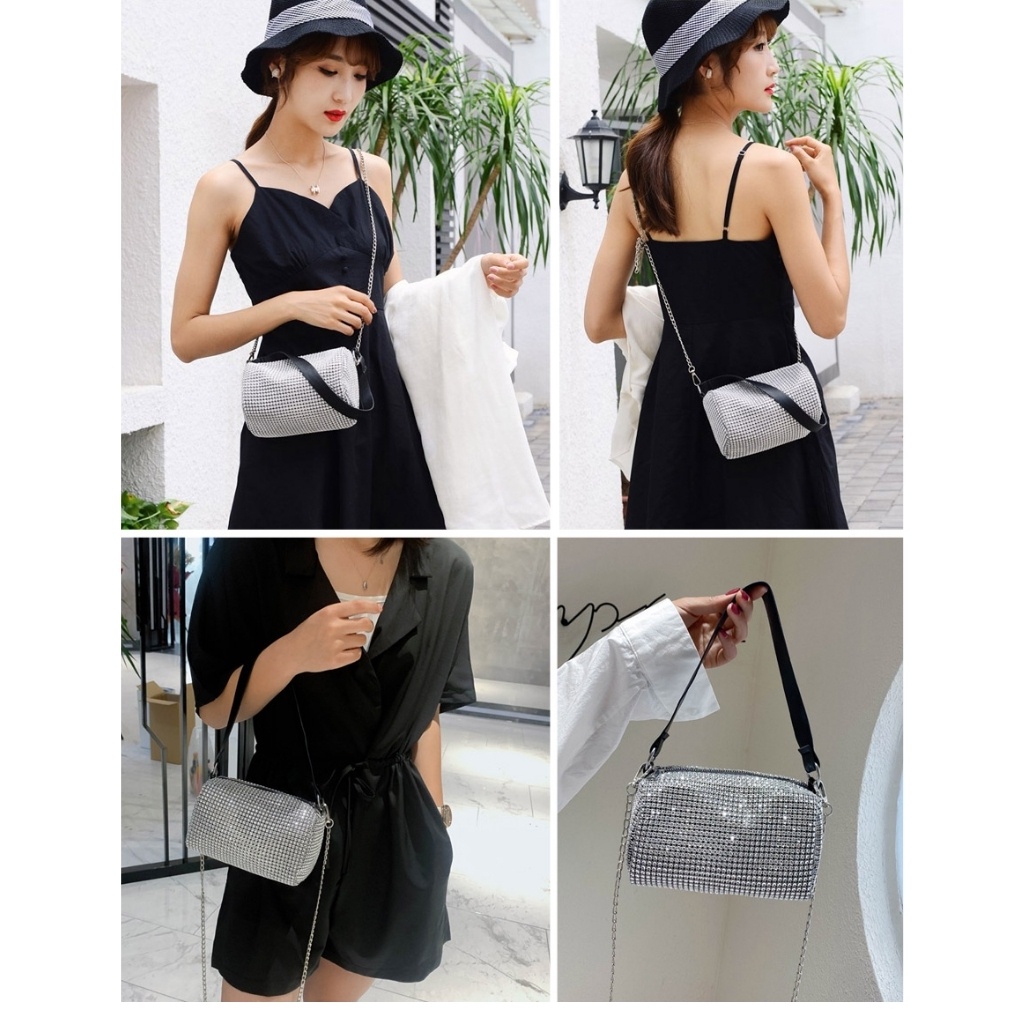 Túi đeo chéo nữ mã DD01, túi xách tay, hình chữ nhật đính đá, cá tính, 2 màu đen trắng, minstore